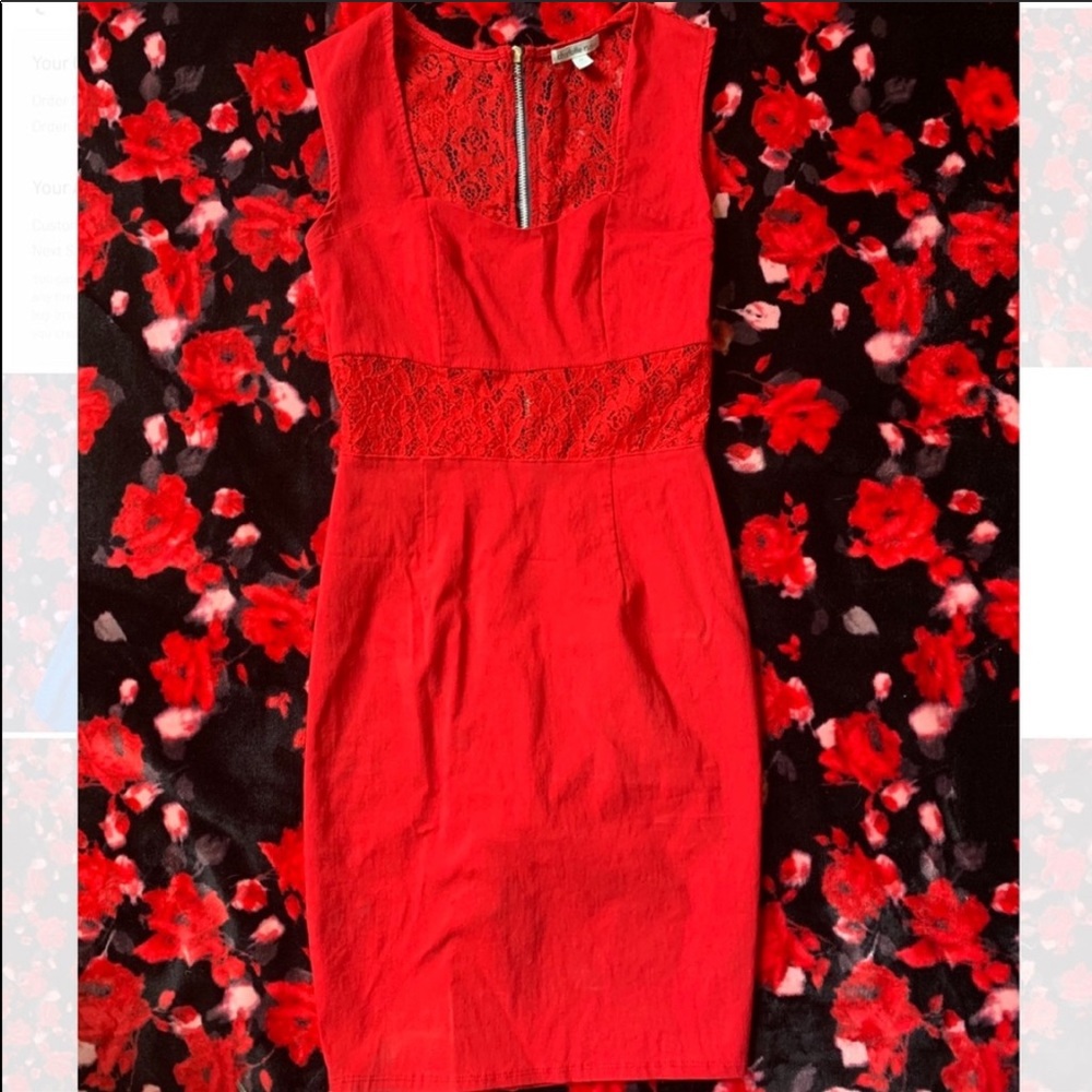 Red Floral Lace Waisted Dress
